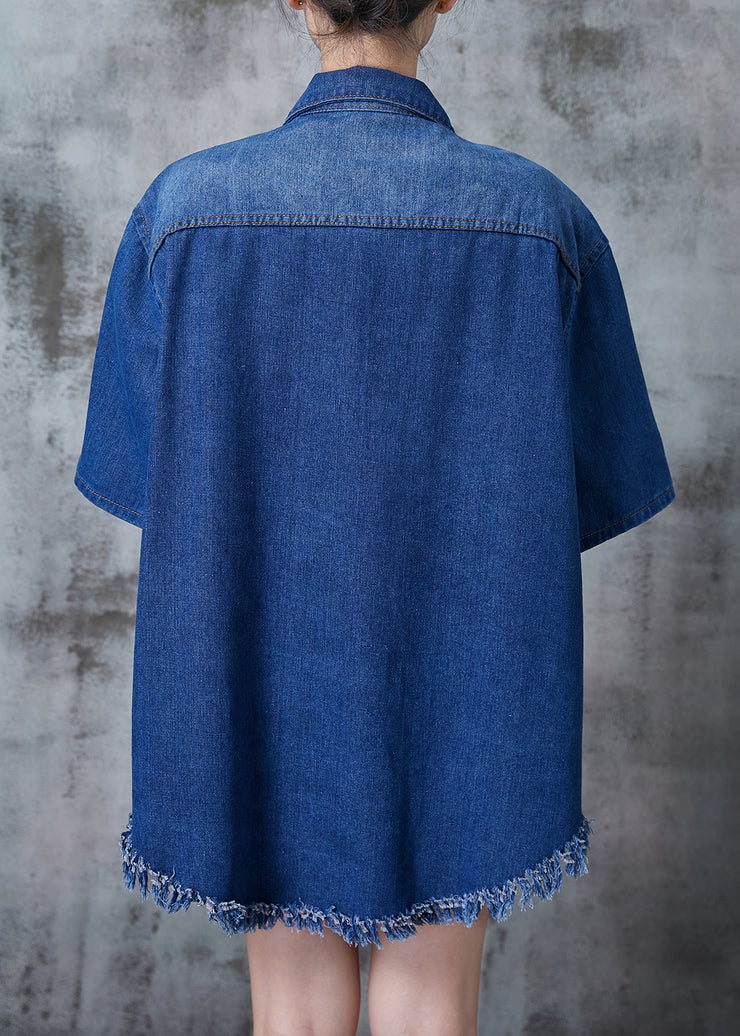 Stylish Blue Tasseled Oversized Denim Ripped Blouse Tops Summer