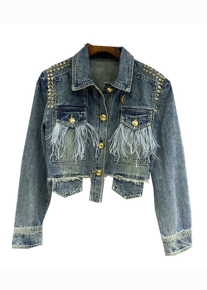 Stylish Blue Tasseled Rivet Patchwork Denim Jacket Fall