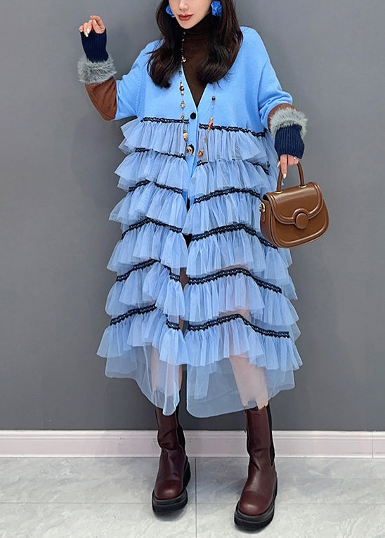 Stylish Blue V Neck Button Tulle Patchwork Dress Fall