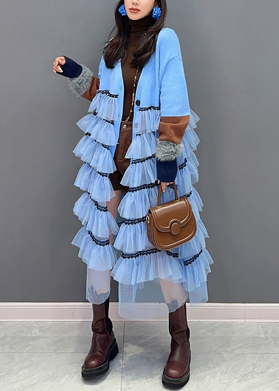 Stylish Blue V Neck Button Tulle Patchwork Dress Fall