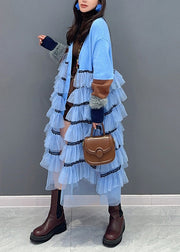 Stylish Blue V Neck Button Tulle Patchwork Dress Fall