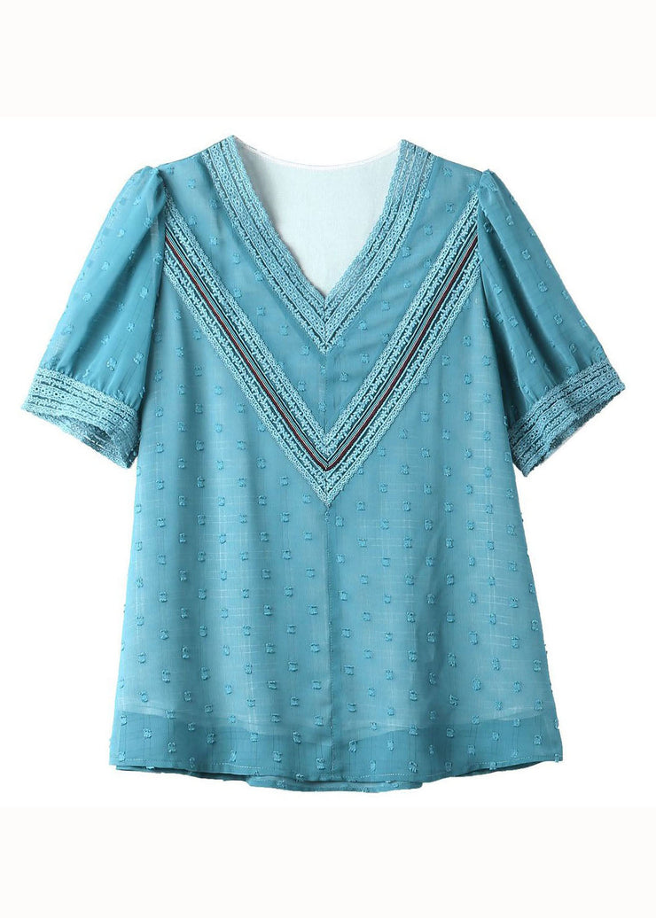 Stylish Blue V Neck Embroideried Lace Patchwork Chiffon Shirt Summer