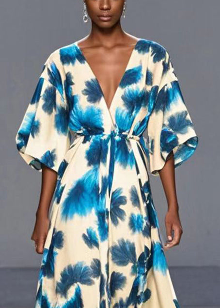 Stylish Blue V Neck Print Chiffon Cinched Dress Summer