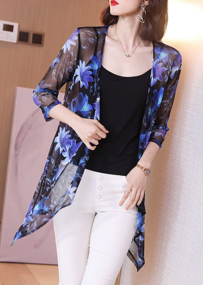 Stylish Blue V Neck Print Silk Sunscre Cardigans Loose Summer