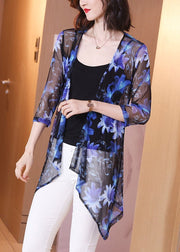 Stylish Blue V Neck Print Silk Sunscre Cardigans Loose Summer