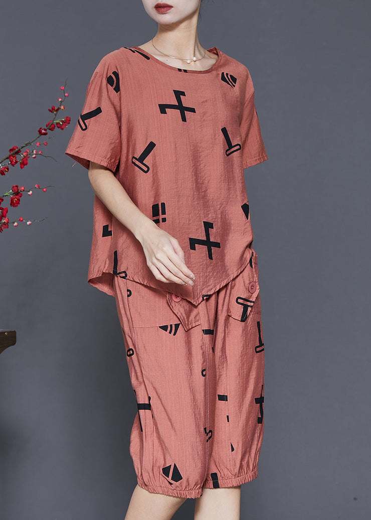 Stylish Brick Red Asymmetrical Print Linen Two Pieces Set Summer