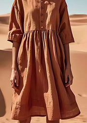 Stylish Brick Red O Neck Wrinkled Button Linen Mid Dresses Summer
