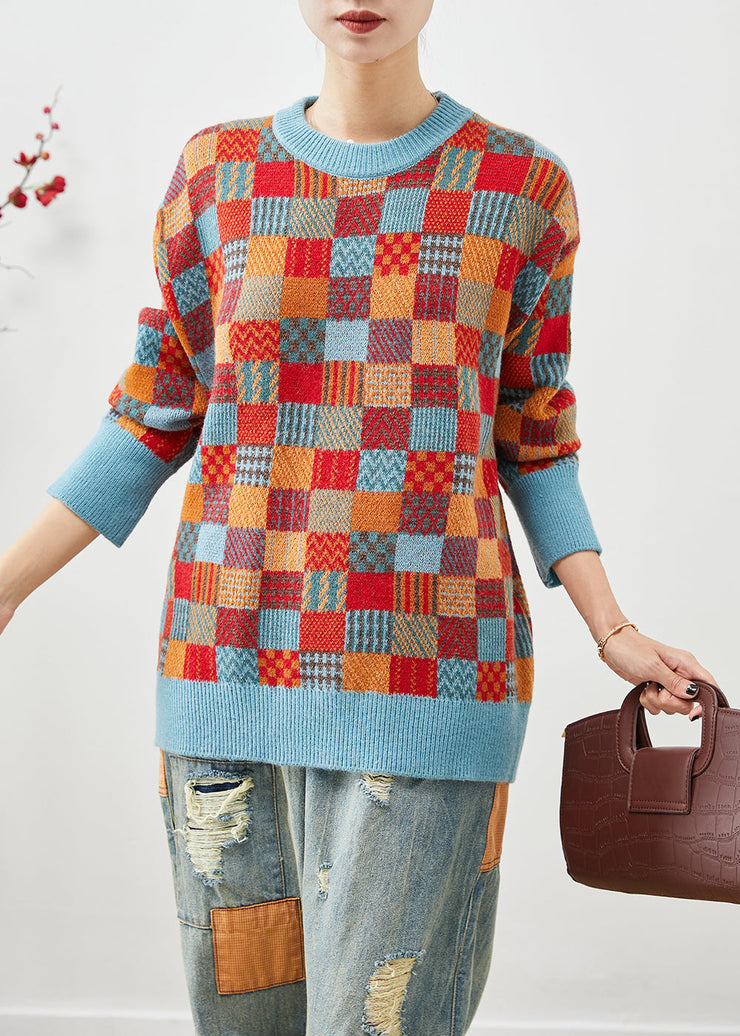 Stylish Brick Red Oversized Plaid Knit Sweater Tops Winter