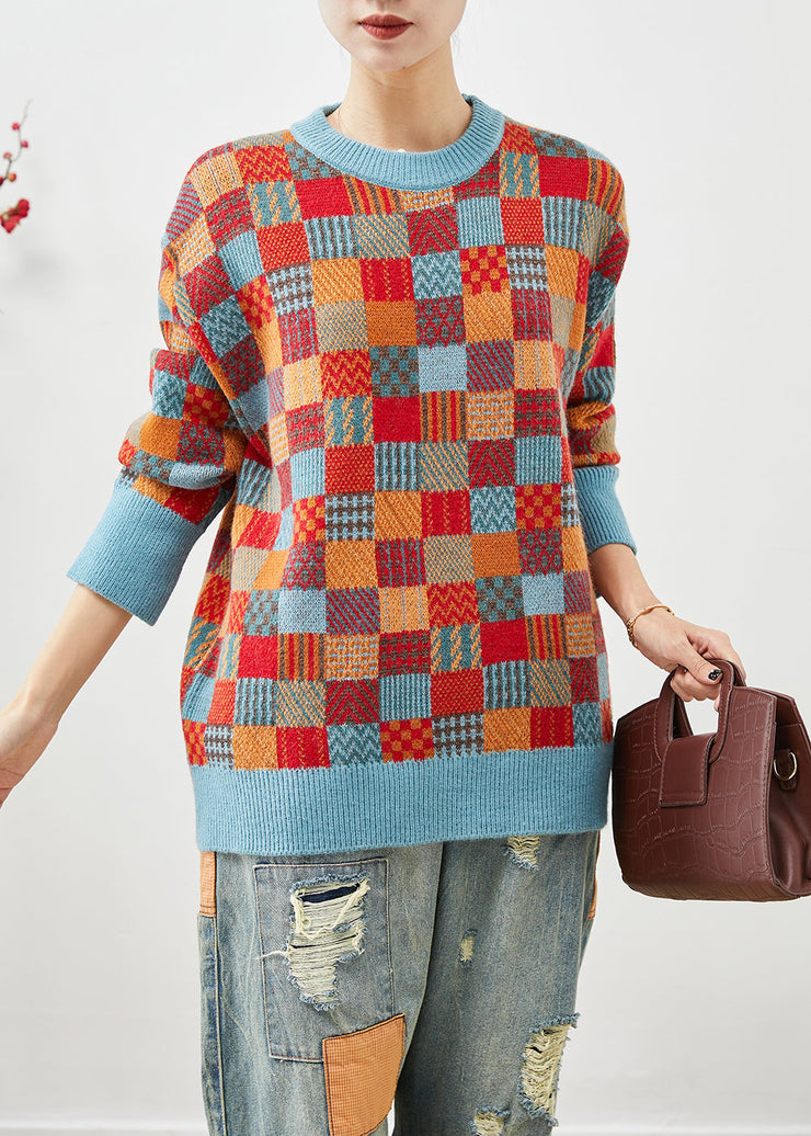 Stylish Brick Red Oversized Plaid Knit Sweater Tops Winter