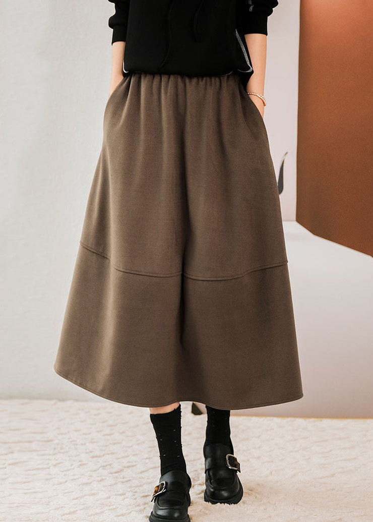 Stylish Brown Elastic Waist Pockets Woolen Skirts Winter