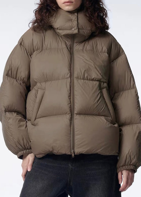 Stylish Brown Hooded Zippered Duck Down Puffer Jacket Winter