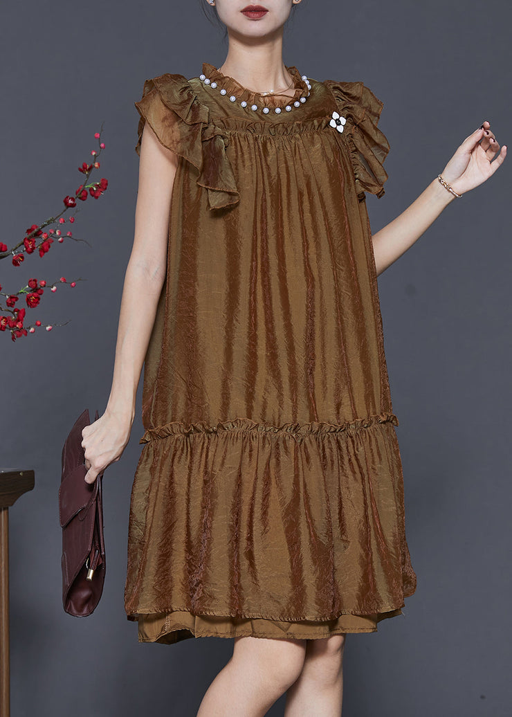 Stylish Brown Nail Bead Ruffled Silk Vacation Dress Summer