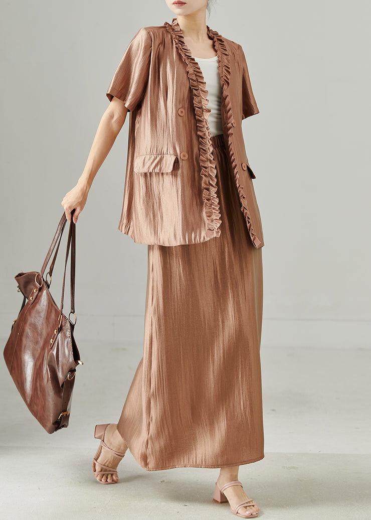 Stylish Brown Ruffled Silk Women Sets 2 Pieces Summer