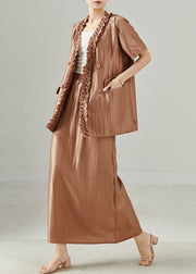 Stylish Brown Ruffled Silk Women Sets 2 Pieces Summer