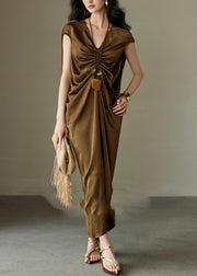 Stylish Brown V Neck Cinched Silk Maxi Dresses Summer