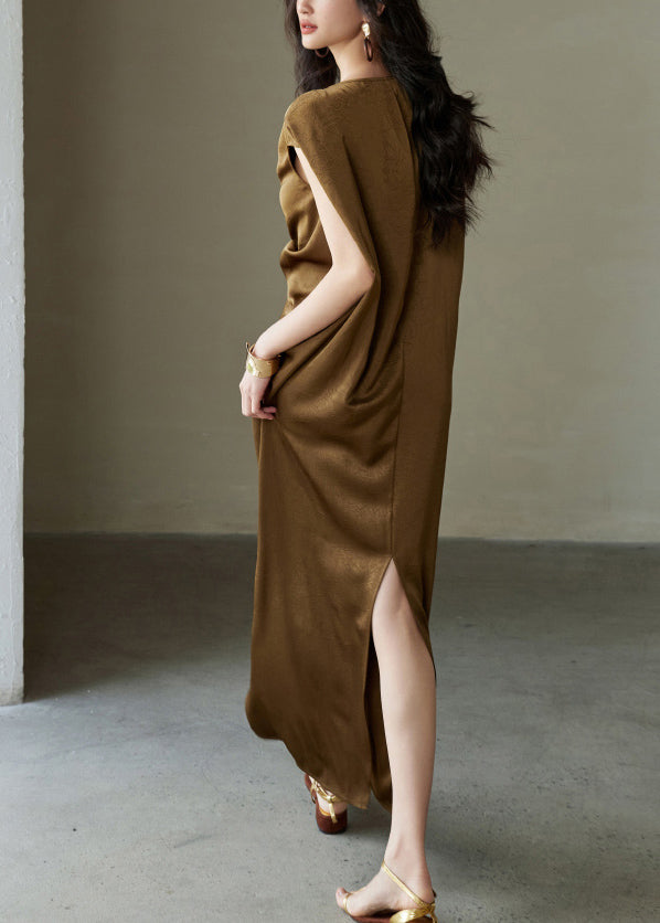 Stylish Brown V Neck Cinched Silk Maxi Dresses Summer