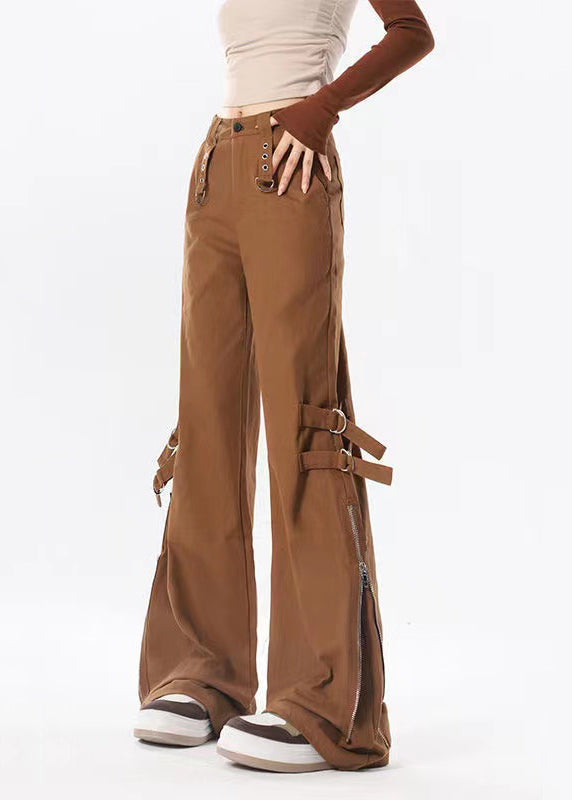 Stylish Brown Zip Up Pockets Patchwork Cotton Flared Trousers Spring