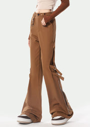 Stylish Brown Zip Up Pockets Patchwork Cotton Flared Trousers Spring