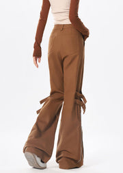 Stylish Brown Zip Up Pockets Patchwork Cotton Flared Trousers Spring