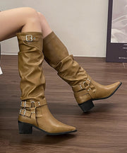 Stylish Buckle Strap Splicing Chunky Apricot Long Boots Pointed Toe