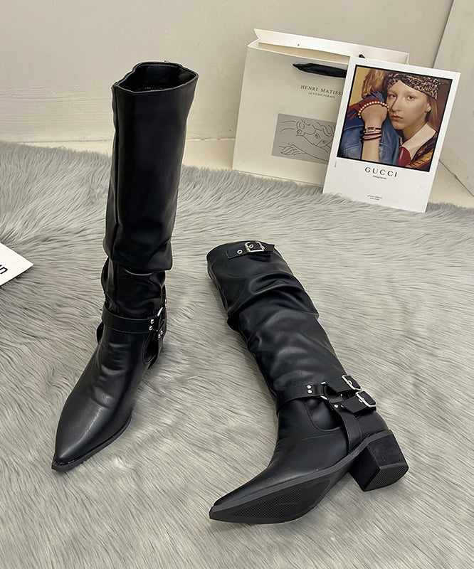 Stylish Buckle Strap Splicing Chunky Apricot Long Boots Pointed Toe