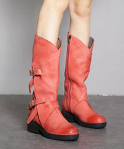 Stylish Buckle Strap Splicing Chunky Boots Pink Cowhide Leather