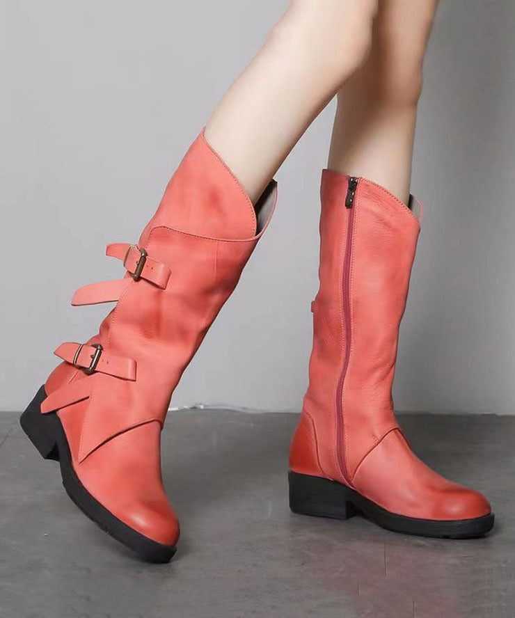 Stylish Buckle Strap Splicing Chunky Boots Pink Cowhide Leather