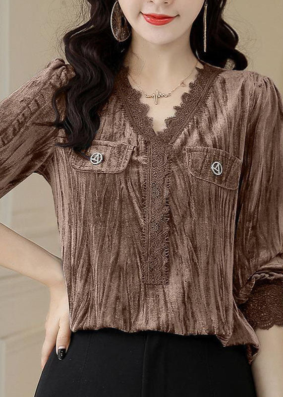 Stylish Caramel V Neck Patchwork Silk Velour Blouses Long Sleeve