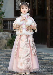 Stylish Champagne Fur Collar Embroideried Tassel Warm Fleece Girls Coats And Tulle Skirts Two Pieces Set Winter