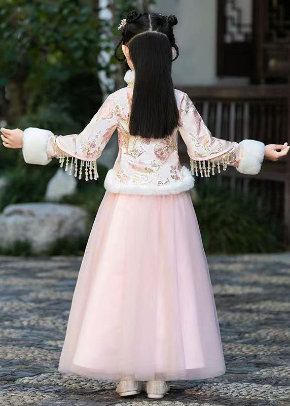 Stylish Champagne Fur Collar Embroideried Tassel Warm Fleece Girls Coats And Tulle Skirts Two Pieces Set Winter