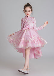 Stylish Champagne Stand Collar Embroideried Low High Design Tulle Girls Long Dresses Fall