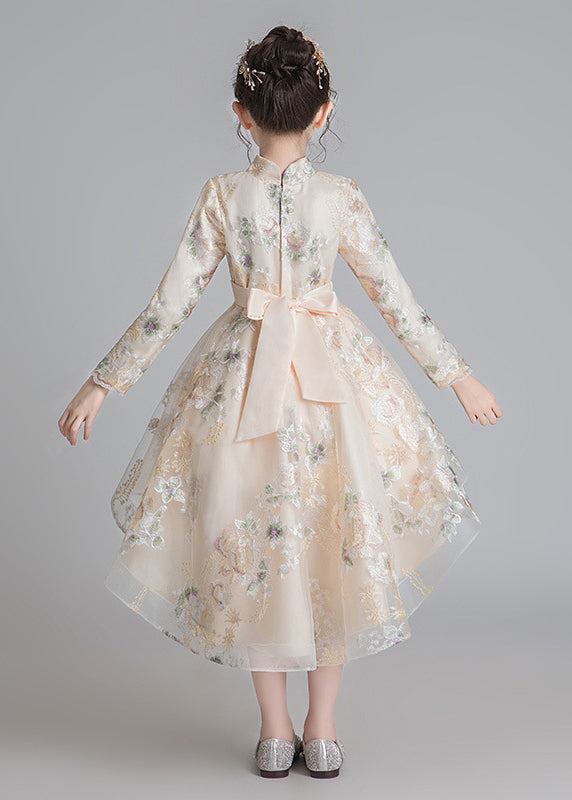 Stylish Champagne Stand Collar Embroideried Low High Design Tulle Girls Long Dresses Fall