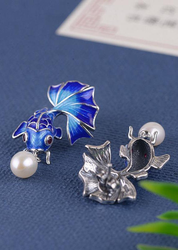 Stylish Cloisonne Goldfish Pearl Metal Stud Earrings