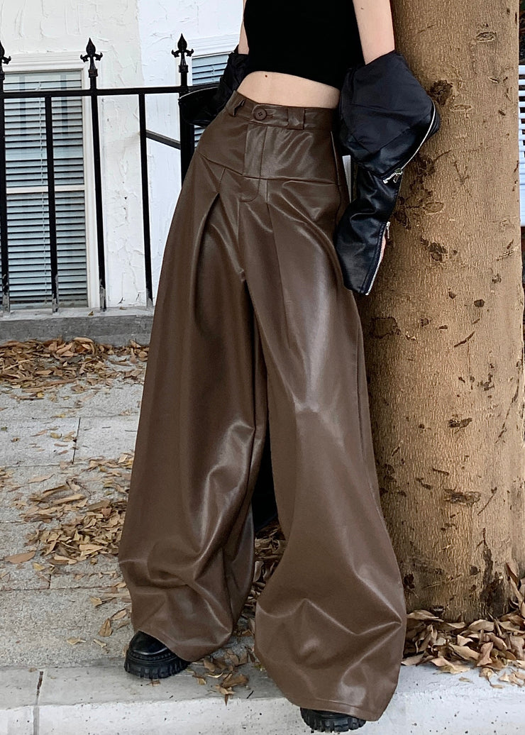 Stylish Coffee Button High Waist Faux Leather Pants Fall