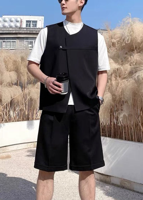 Stylish Coffee Button Waistcoat And Shorts Spandex Two Pieces Set Men Sleeveless