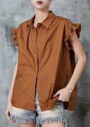 Stylish Coffee Peter Pan Collar Cotton Shirt Tops Summer