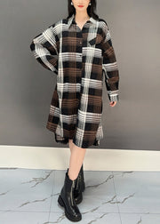 Stylish Coffee Plaid Button Cotton Shirts Dresses Fall