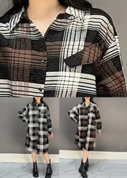 Stylish Coffee Plaid Button Cotton Shirts Dresses Fall