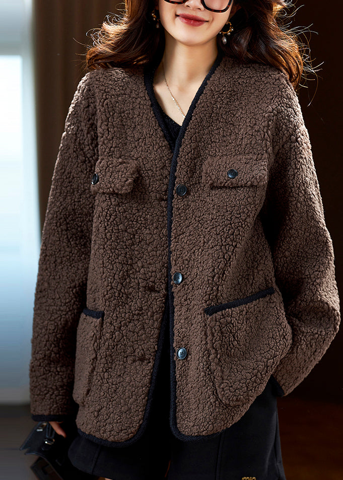 Stylish Coffee Pockets Button Faux Fur Fine Cotton Filled Coat Fall