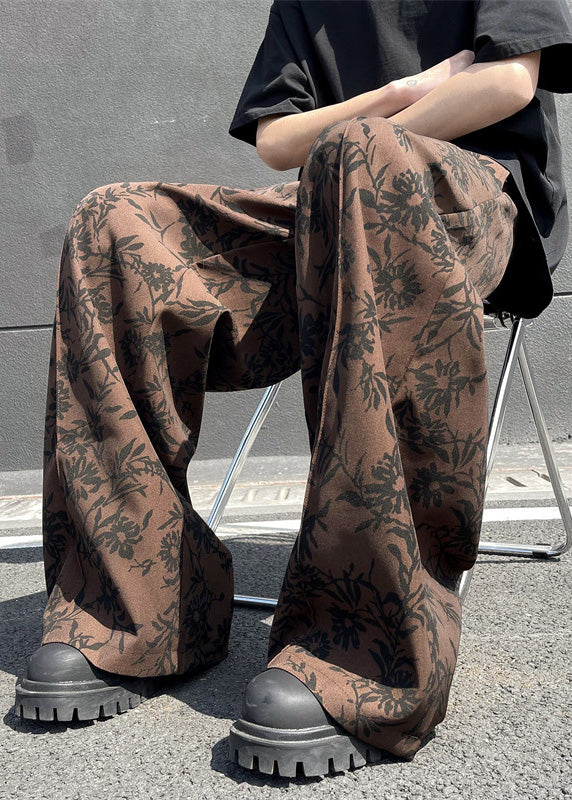 Stylish Coffee Pockets Print Cotton Men Wide Leg Pants Summer