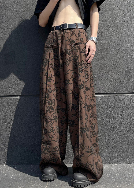 Stylish Coffee Pockets Print Cotton Men Wide Leg Pants Summer