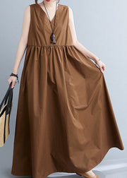 Stylish Coffee V Neck Patchwork Cotton Summer Dress Sleeveless