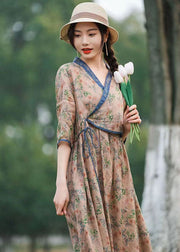 Stylish Coffee V Neck Print Lace Up Patchwork Linen Dresses Summer