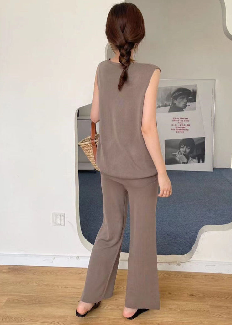 Stylish Coffee V Neck Tops And Pants Knit Two Piece Set Summer