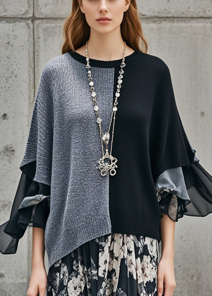 Stylish Colorblock Asymmetrical Patchwork Knit Pullover Fall