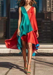 Stylish Colorblock Asymmetrical Patchwork Silk Dress Summer