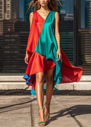 Stylish Colorblock Asymmetrical Patchwork Silk Dress Summer