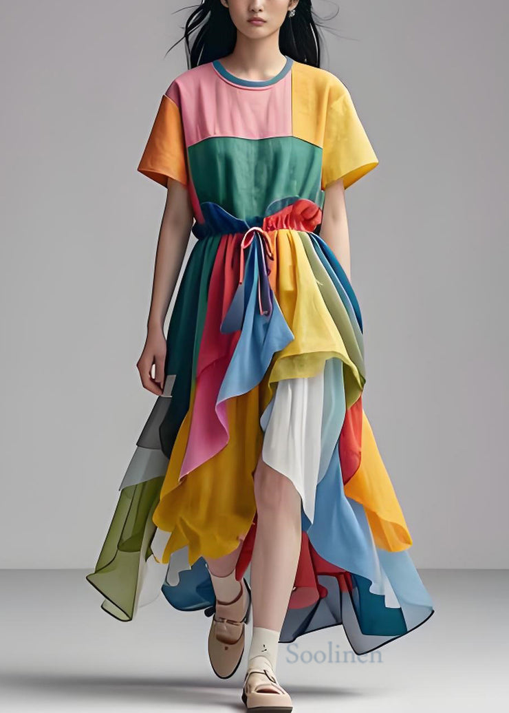 Stylish Colorblock O Neck Asymmetrical Patchwork Cotton Dress Summer