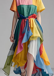 Stylish Colorblock O Neck Asymmetrical Patchwork Cotton Dress Summer