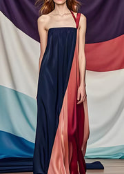 Stylish Colorblock One Shoulder Patchwork Silk Dress Summer